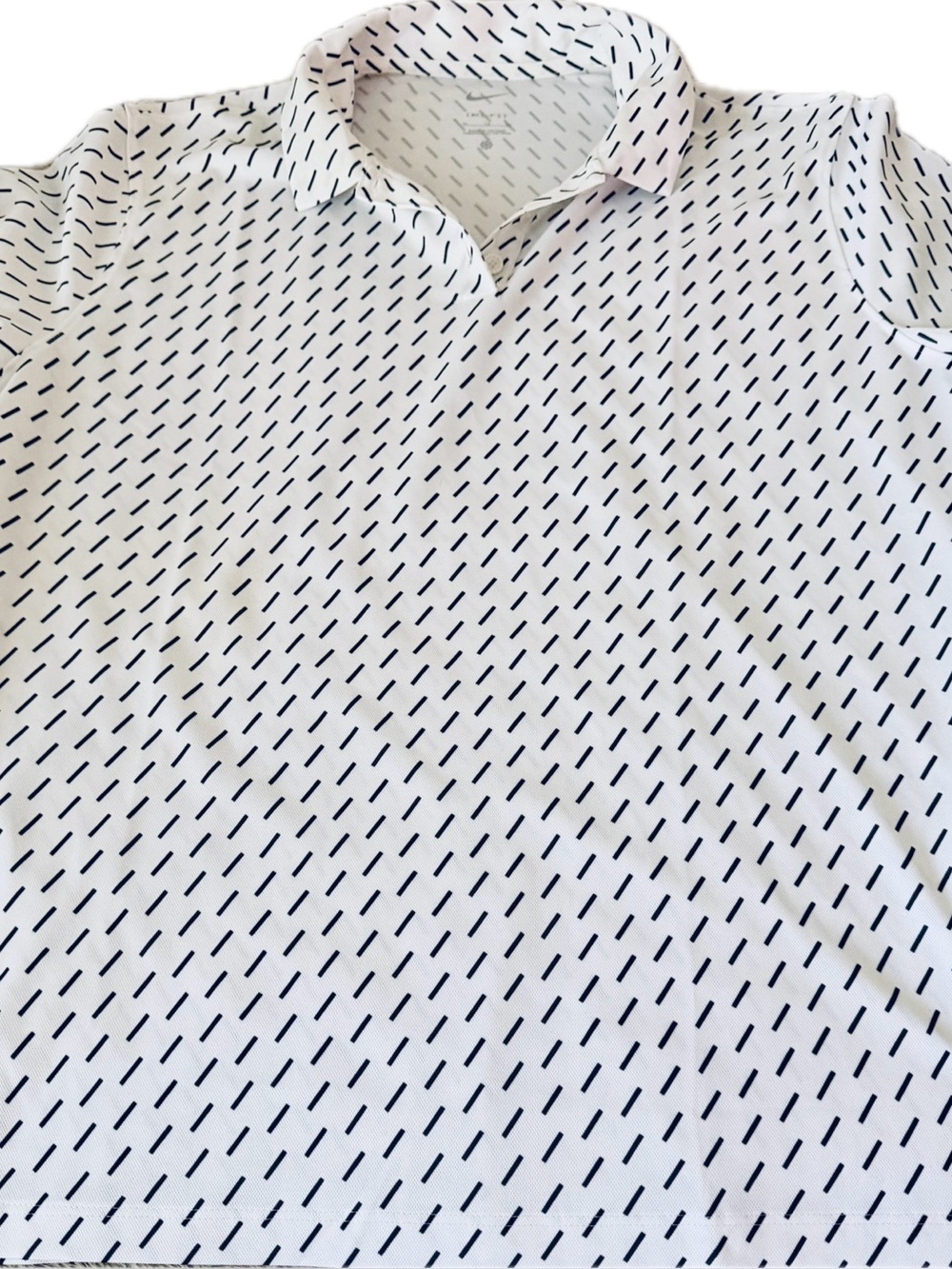 Women’s White Polo Shirt with Black Stripe Dash Pattern